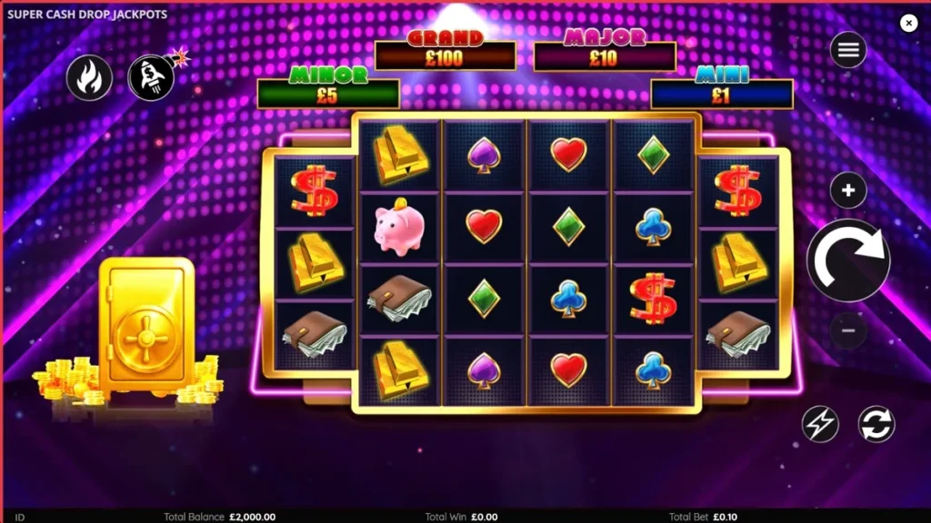 Tampilan visual neon dan brankas dalam permainan slot Super Cash Drop Jackpots
