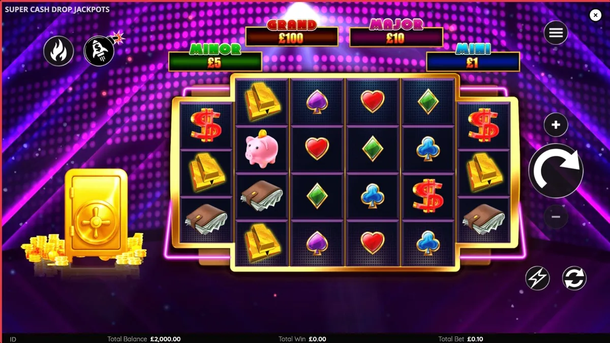 Tampilan visual neon dan brankas dalam permainan slot Super Cash Drop Jackpots
