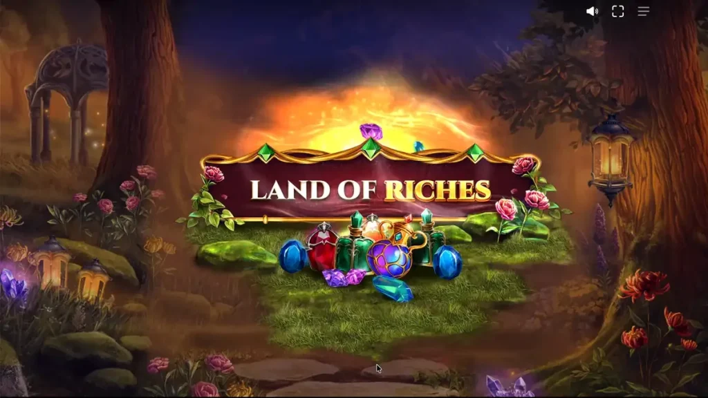 Pemandangan hutan fantasi mistis dalam slot Land of Riches dengan karakter Dwarf dan Elf